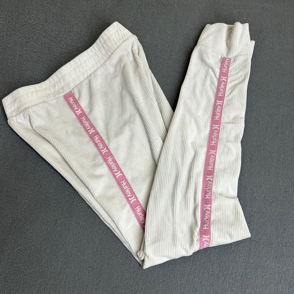 Hurley Jogger Pants Womens Small White Pink Logo Tape Ribbed Knit Activewear